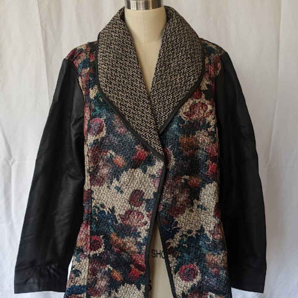 CJ Banks‎ Faux Leather Floral Cardigan Jacket Size 2X Textured Asymmetrical NEW